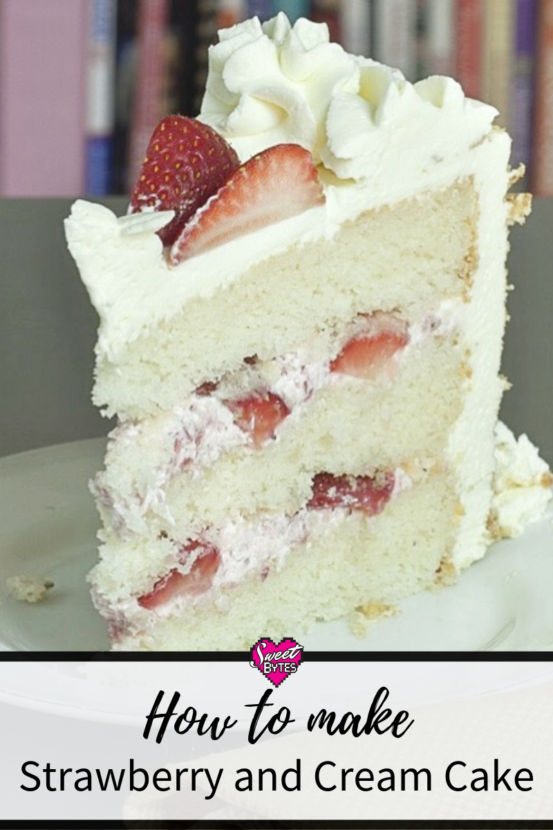 A slice of triple layer strawberry and cream cake.
