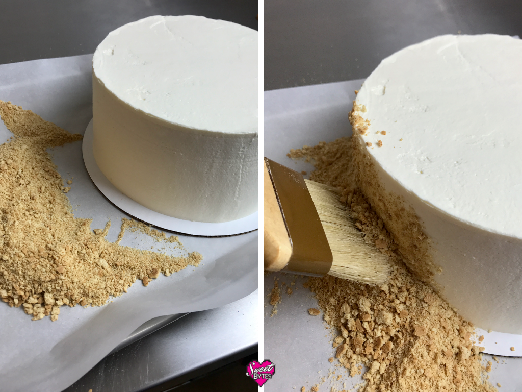 Two side by side images of how to add graham cracker crumbs to the side of a strawberry and cream cake 