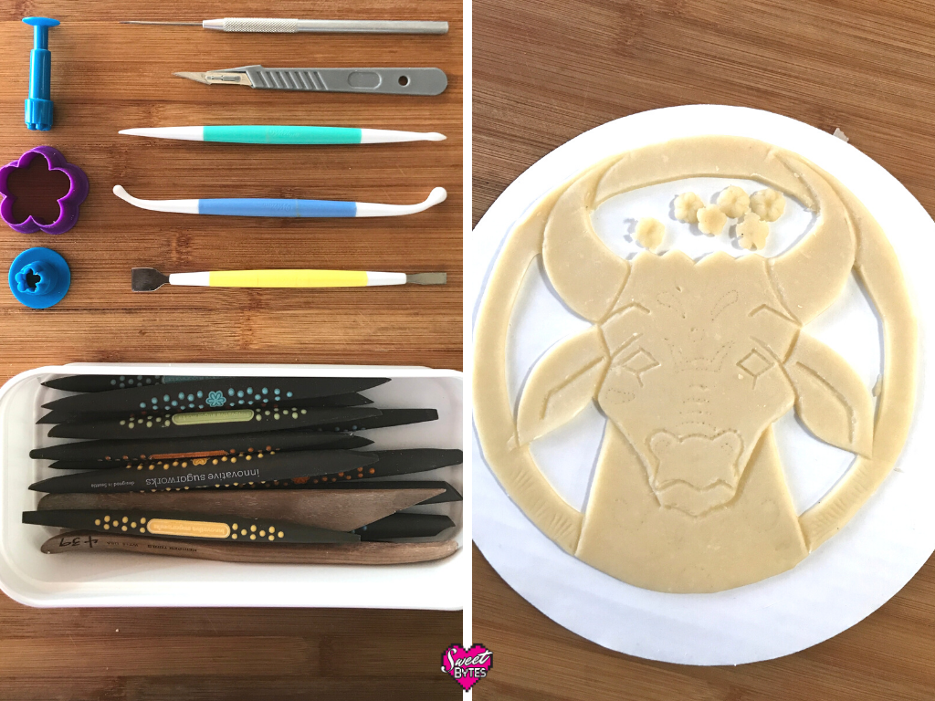 Year of the Ox Lunar New Year Pie Process Two photos, side-by-side, left side shows the tools I used to make pie art (scalpel, innovative sugarworks sugar shapers, wilton cake decorating tools, the right side shows the finished Ox made from pie crust
