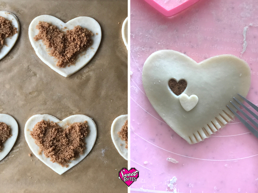 two photos of making heart shaped hand pies. One with unassembled brown sugar and cinnamon filled hand pies with 1/4" space around the filling and the second photo demonstrates crimping the hand pie crust with a fork