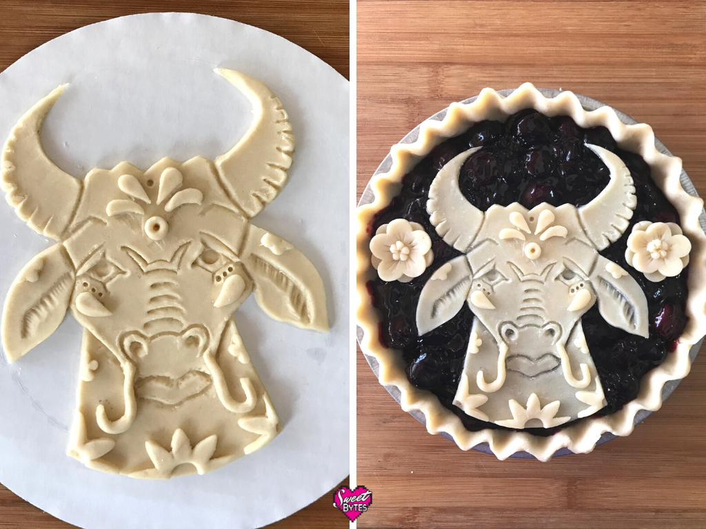 Two images of the raw Year of the Ox pie. On the left, the pie crust ox is on a cake round, on the right the unbaked Lunar New Year Pie is assembled.