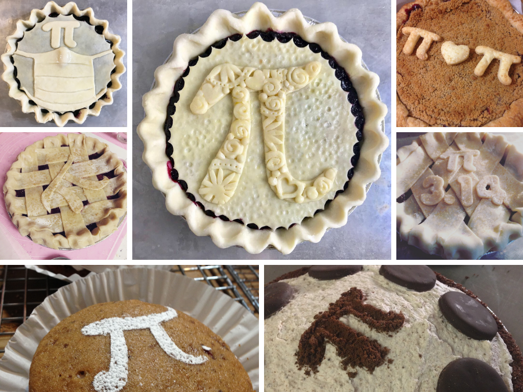 An image collage of pi day pies with pi day crust decorations