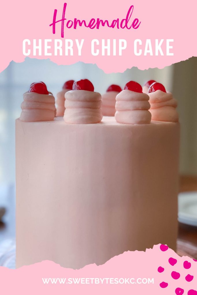 Pinterest image for Cherry Chip Cake recipe with pink torn edge borders and a tall, pink, layered, cherry chip cake in the center